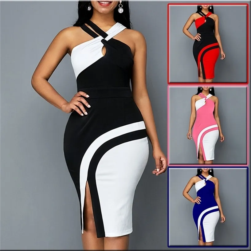 Sexy Patchwork Halter Halter verão praia mangas vestido mulheres moda casual robe bodycon high cintura vestidos feminino 220418