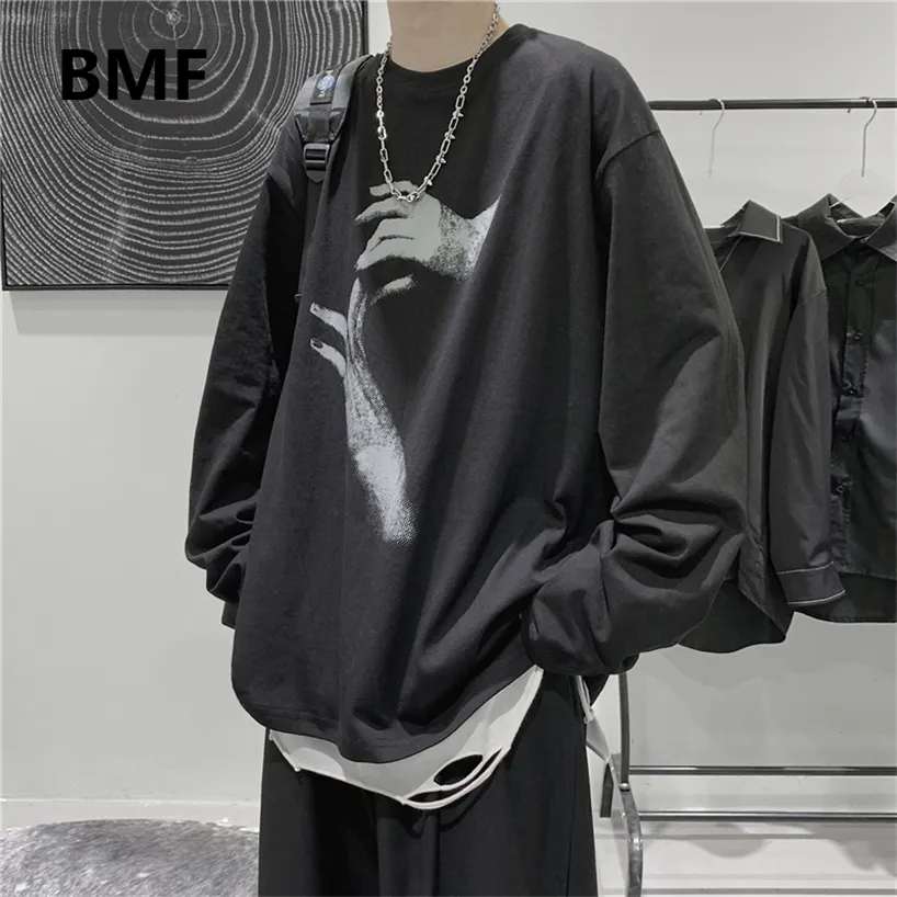 Fall Långärmad T-tröja Mode Loose Ulzzang Print Tops Hip Hop Oversized T-shirts Män Kläder Koreanskt Kläder 220318