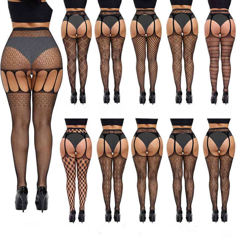 HOT NEW Plus Size Sexy Femmes Bas Résille Taille Haute Transparent Serré Avec Jarretière Ceinture Collants Crotchless Lingerie Femmes T220808