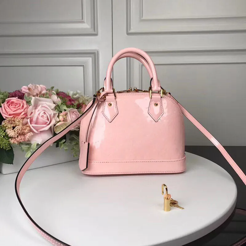 مصمم الفاخرة Alma Handbag Vernis Rose Ballerine Pink Leather Leather Bag Bag: 25*19*11cm