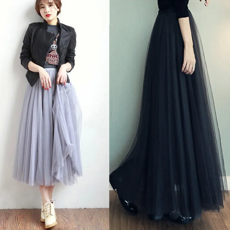 Vintage Bohemian Tulle Long Skirt Women Elastic High Waist A Line