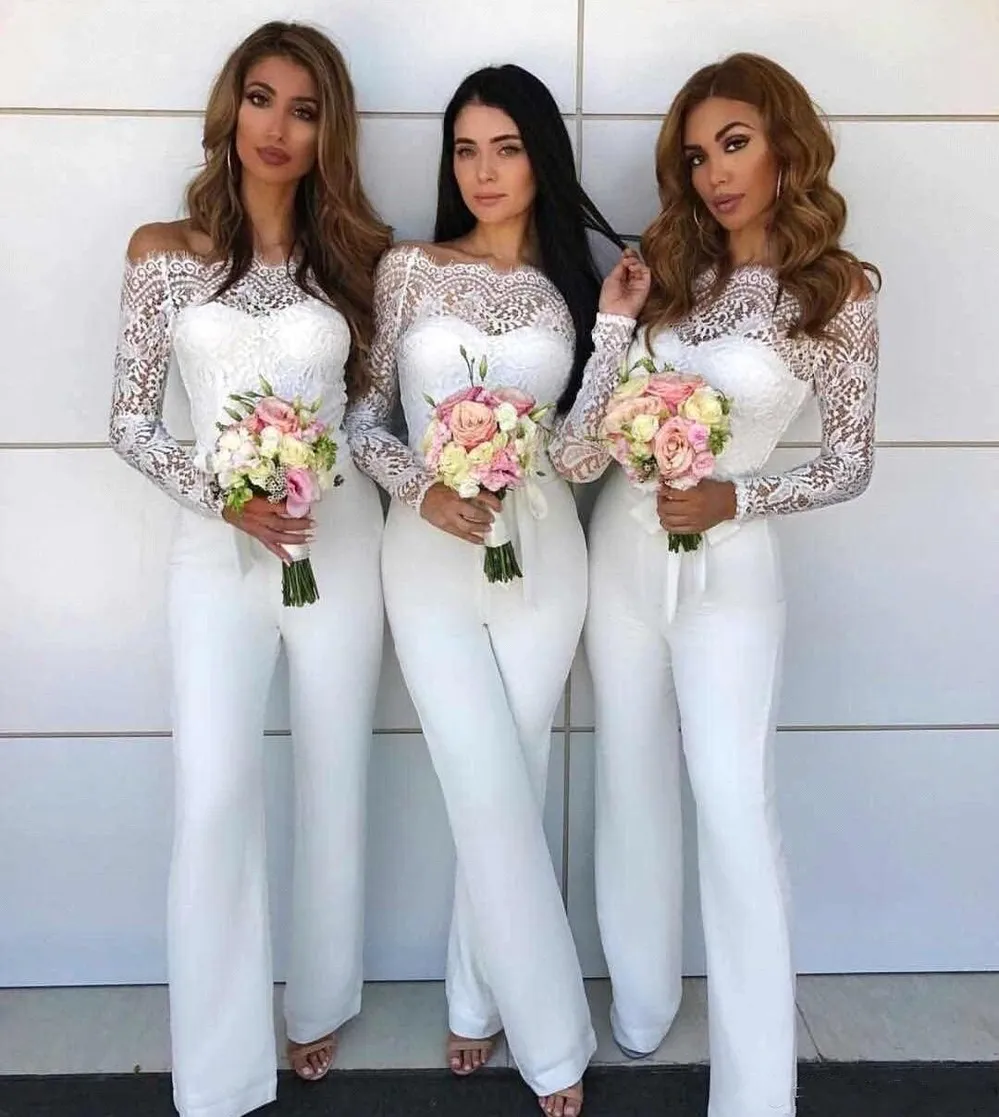 HEET! 2022 Western Country Jumpsuit Bruidsmeisjes Jurken Lace Off Shoulder White Satin Lange Mouw Schede Maid of Honour Jurken Broek B