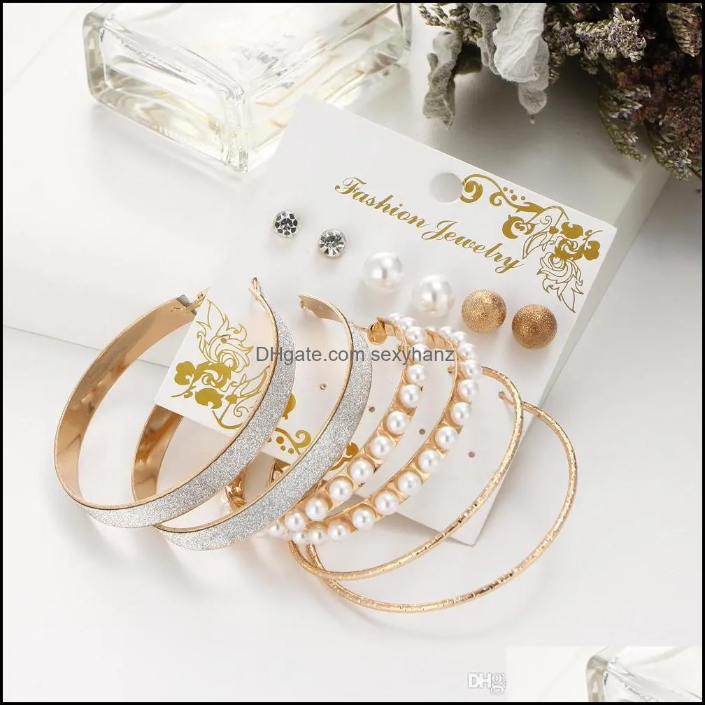 6Pairs/Set Mixed Earrings Set for Women Crystal Imitation Pearl Infinity Circle Big Round Brincos Matt Earrings Stud Jewelrys