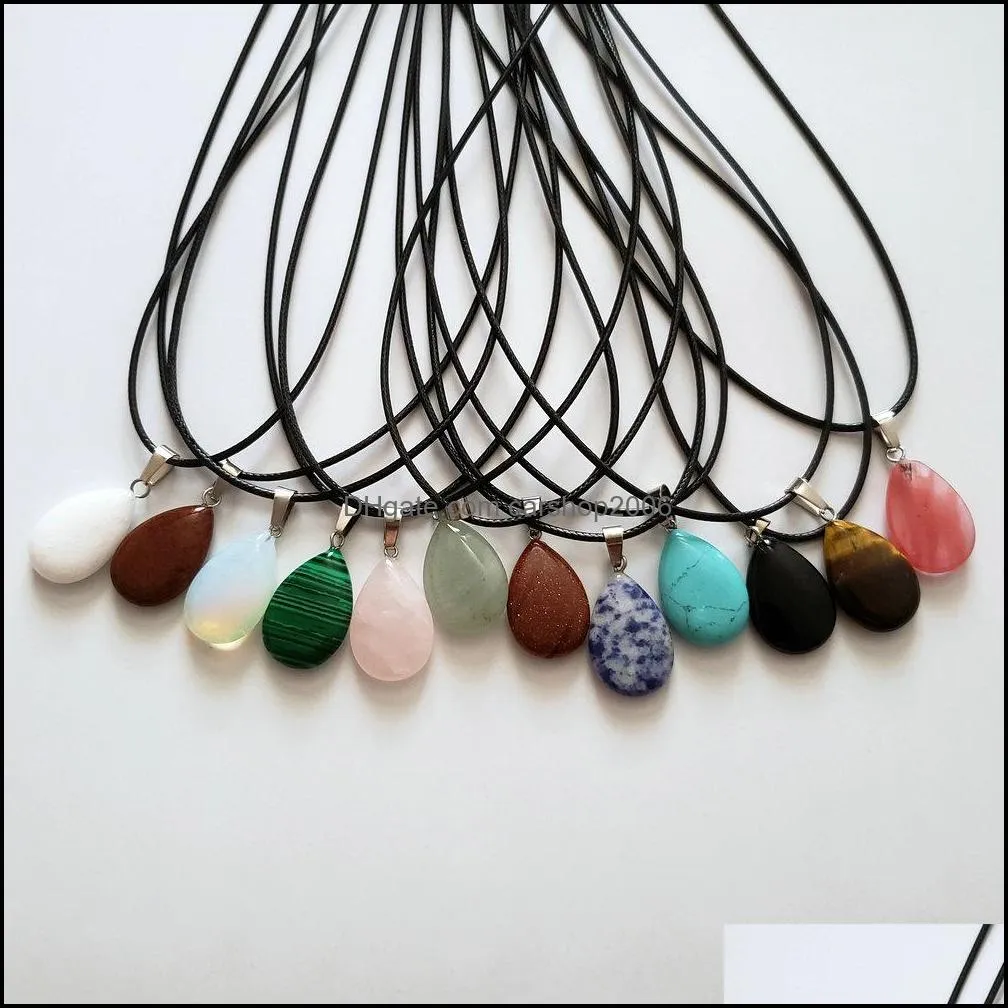 wholesale 24pcs/lot mixed natural stones pendants water drop pendulum leather chains necklace reiki fashion jewelry