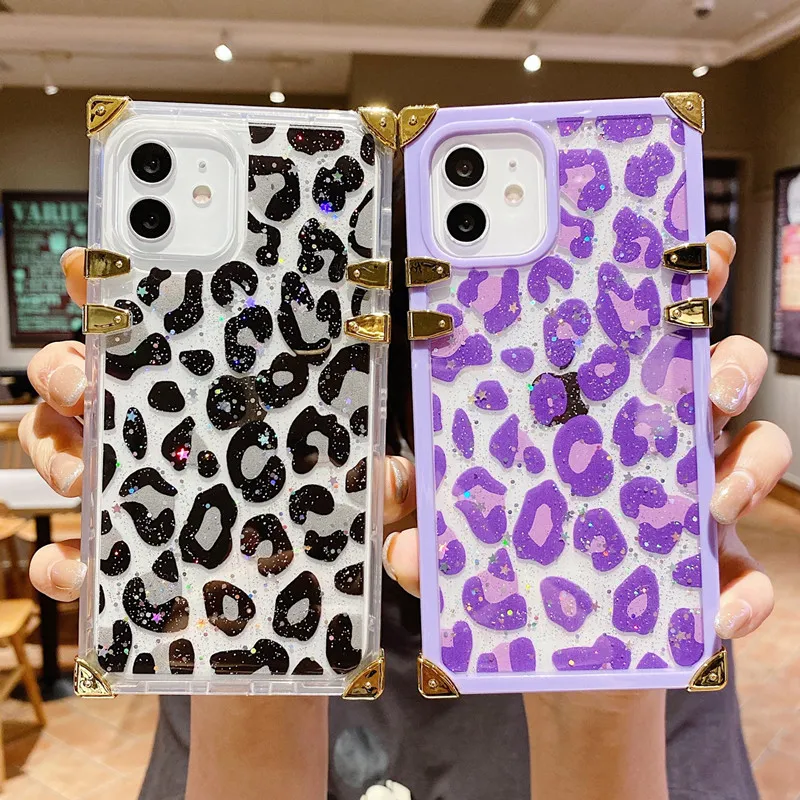 Metal Square Phone Cases Leopard Designer Back Cover Clear Plaid Lady Protector för iPhone 13 13Pro Max 12 12Pro 11 11Pro X XS XR 7 7P 8 8Plus