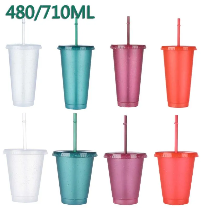 머그잔 480/710ml 파우더 반짝이는 재사용 가능한 밀짚 컵 스팽글 반짝이 주스 머그잔 단순한 귀여운 플라스틱 바닥 야외 휴대용
