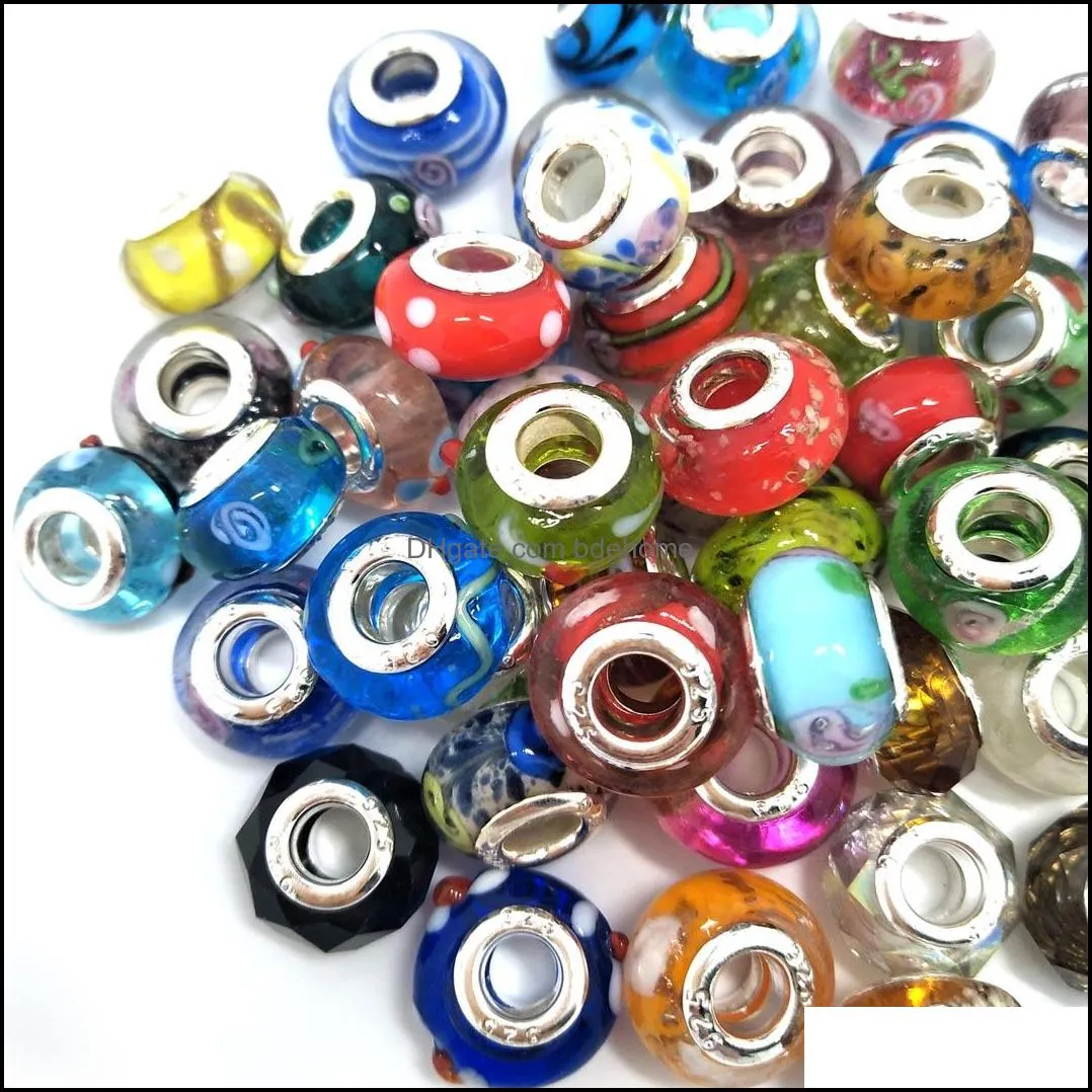 Brand New Mix Styles Glass 925 stering cord big hole loose beads fit European pandora jewelry Diy bracelet charms 50pcs per lot
