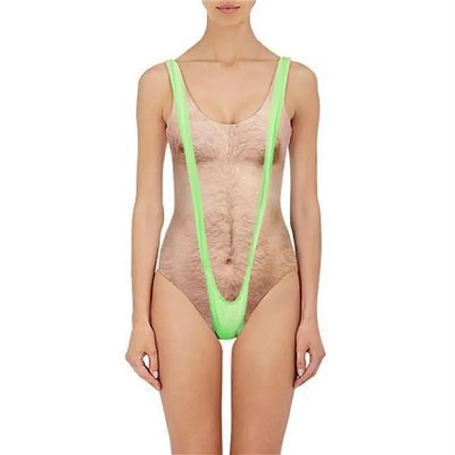 Printed Funny Borat One Piece Swimsuit Women Sexy Chest Hair Bathing