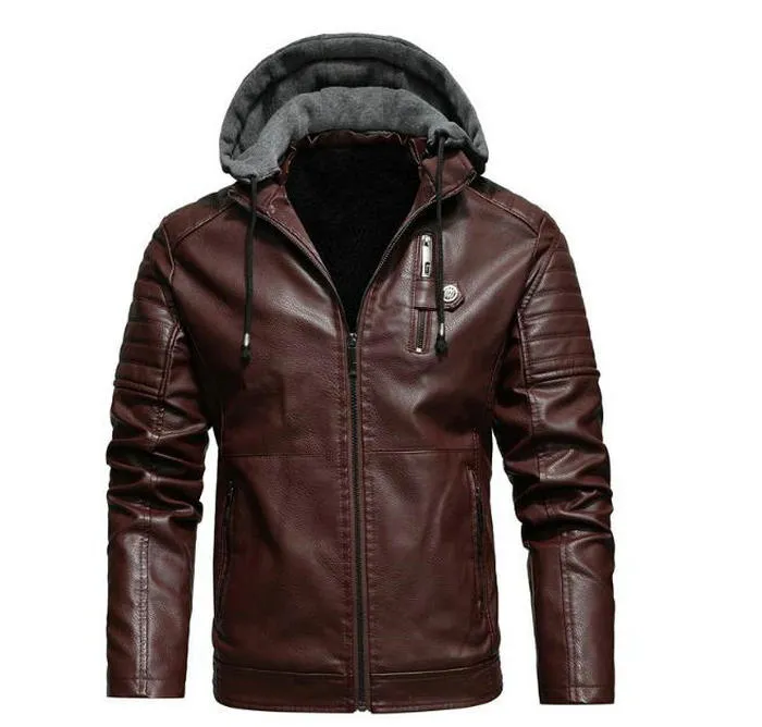 Veste en cuir à capuche pour hommes, automne hiver polaire moto PU Bomber hommes décontracté chaud manteau en Faux cuir hommes Streetwear