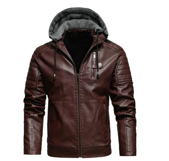 Jaqueta de couro masculino com capuz Autumn Winter Fleece Motorcycle Pu Bomber Men