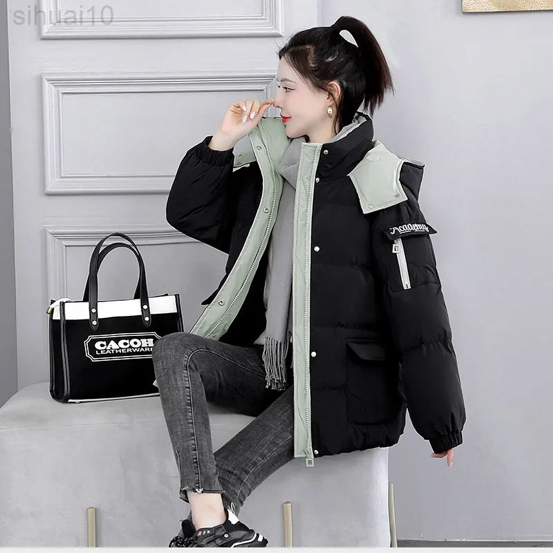Nuovo 2022 donne giacca corta invernale di spessore con cappuccio in cotone imbottito cappotti femminile coreano allentato piumino Parka signore oversize Outwear L220730