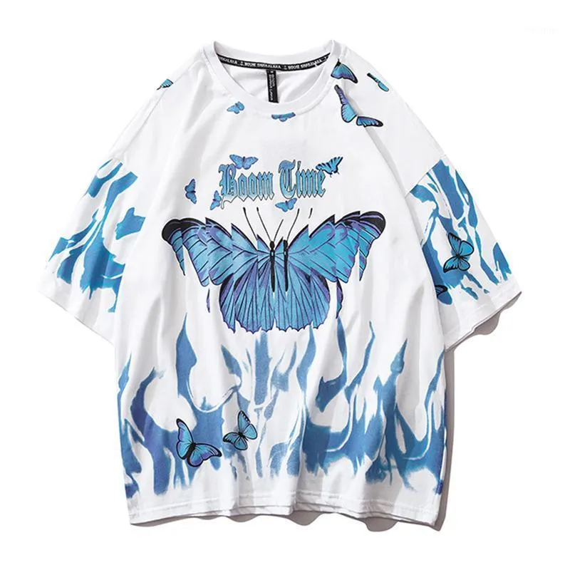 Herren T-Shirts Herren Hip Hop T-Shirts Blaues Feuer Flamme Schmetterling Streetwear T-Shirt Harajuku Sommer Kurzarm T-Shirt Baumwolle Tops T-Shirts