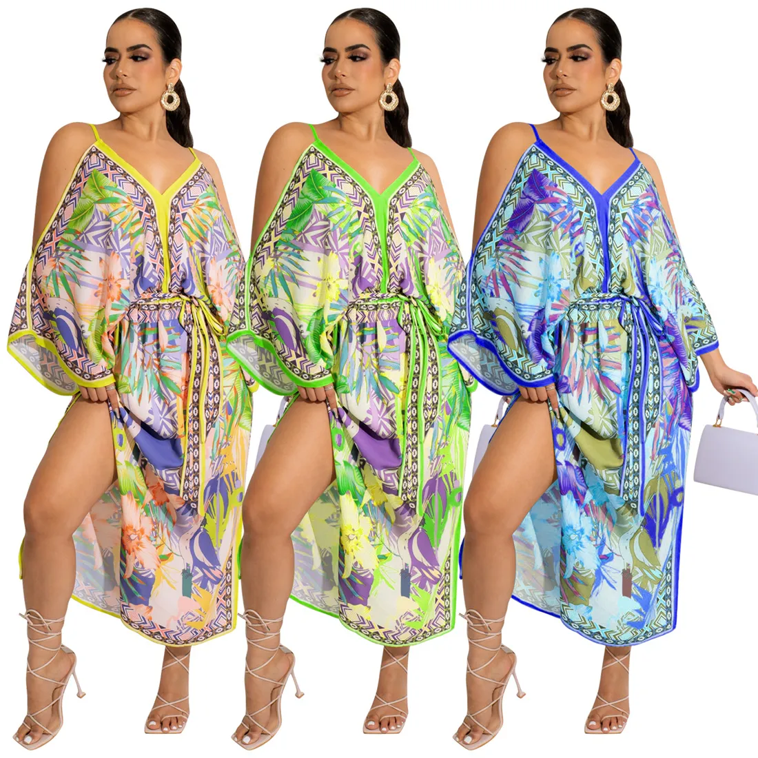 Fashion Bohemia Style Printed Long Dress For Womens Hip Hop Street Sling V-neck Split Bandage Maxi Skirts NK312