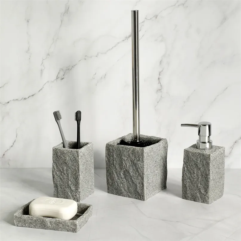 Set di accessori per il bagno Imitati Dispenser di sapone liquido in resina di granito Porta spazzolino Porta tazza Scopino da cucina 220809