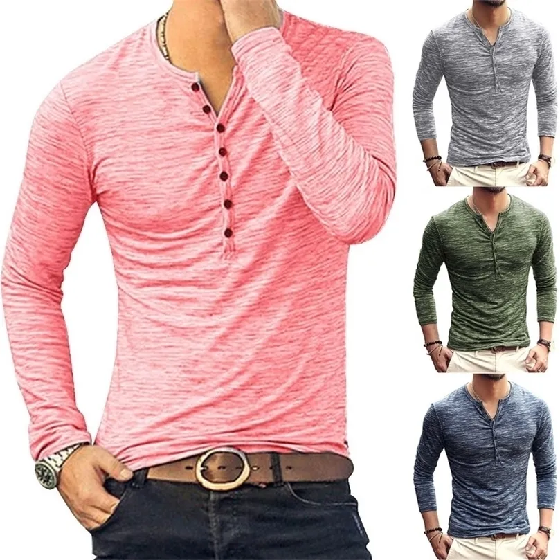 Henley Tshirts Men Solid Long Rleeve Design Slim Button Casual Emese T Shirt dla mężczyzn 3xl 220813