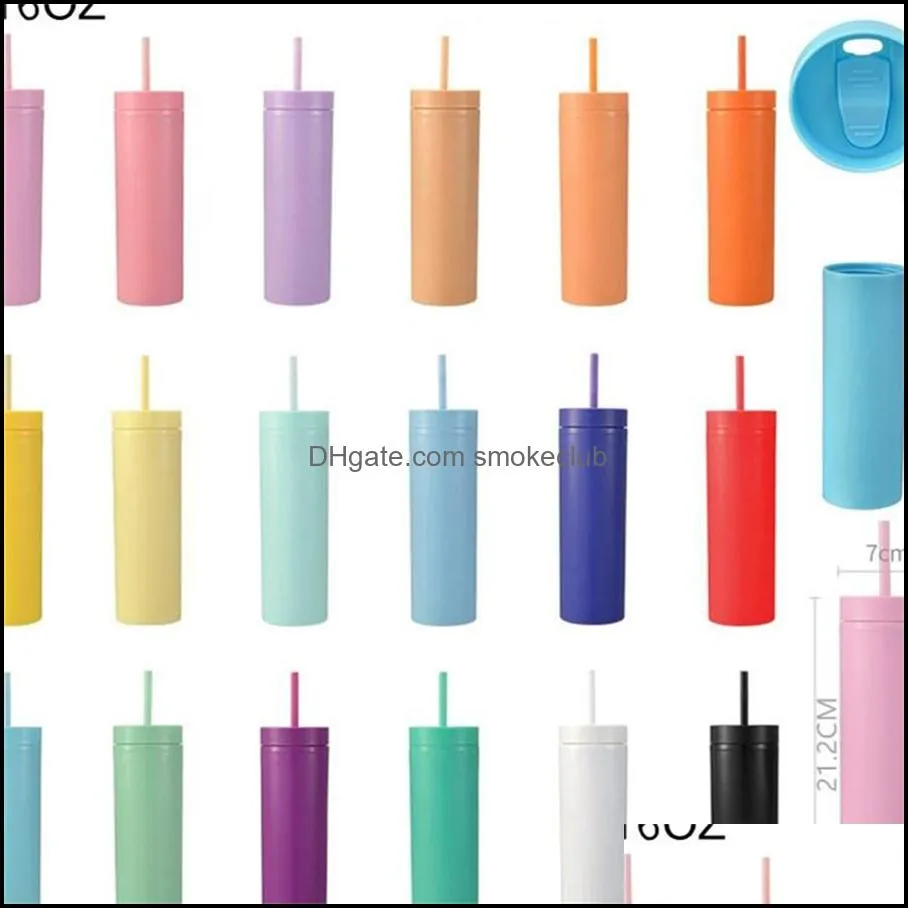 16oz Skinny Tumblers Matte Plastic Colored Acrylic Cups Double Wall Insulated Water Bottle Coffee Drinking Tumbler Sippy Cup