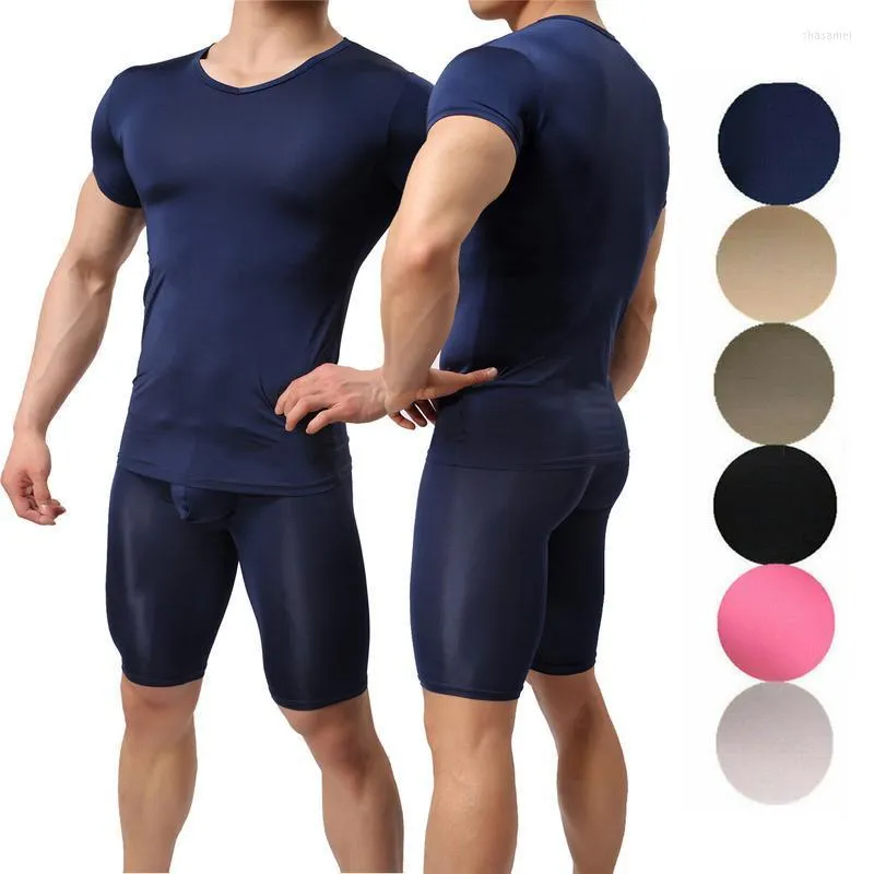 Weiche Männer Dünne Unterhemd Homme Sexy Unterwäsche Kurze T-shirts Fitness Tops Pyjamas Hose Ausbuchtung Beutel Unten Kleidung Set Unterhemden