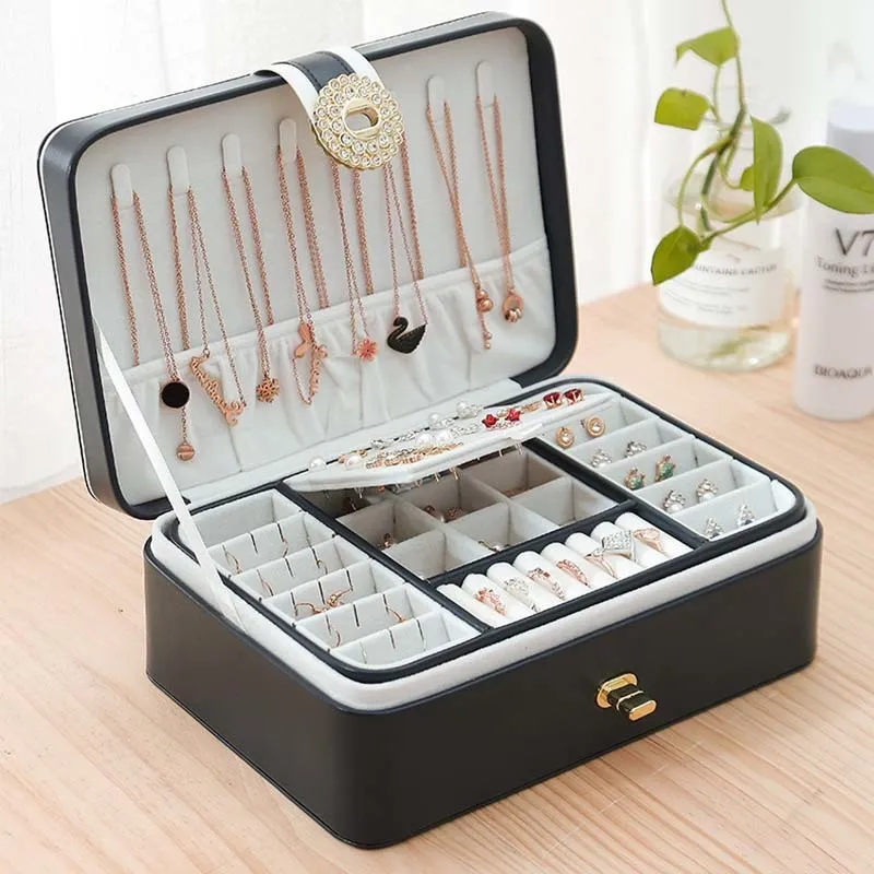Jewelry Box Double Layer Portable Organizer Ring Travel Watch Leather Display Storage Case For Earrings Necklace 220617