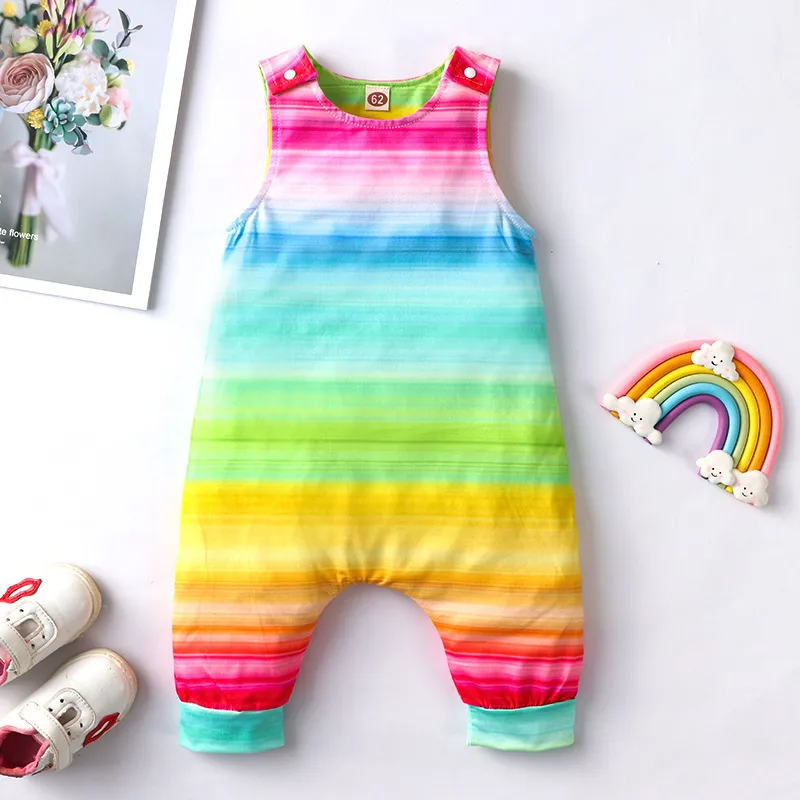 baby girl rainbow stripe print Sleeveless romper infant toddler boy salopettes jumpsuit summer clothes 2021 unisex newborn 0-36M