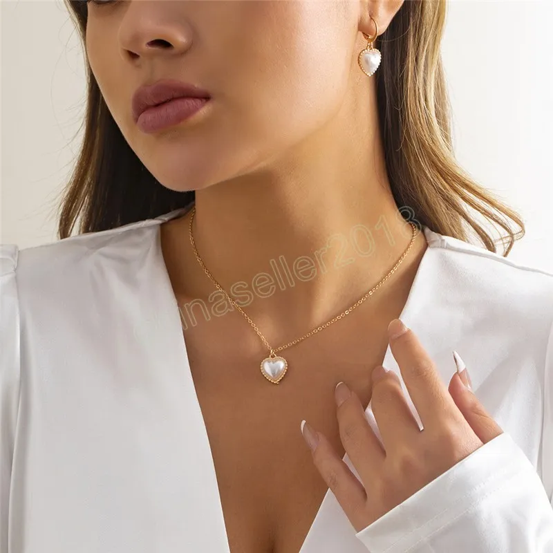 Elegant imitation pärla hjärta hängsmycke halsband örhänge för kvinnor bröllop brud mode uttalande smycken uppsättningar