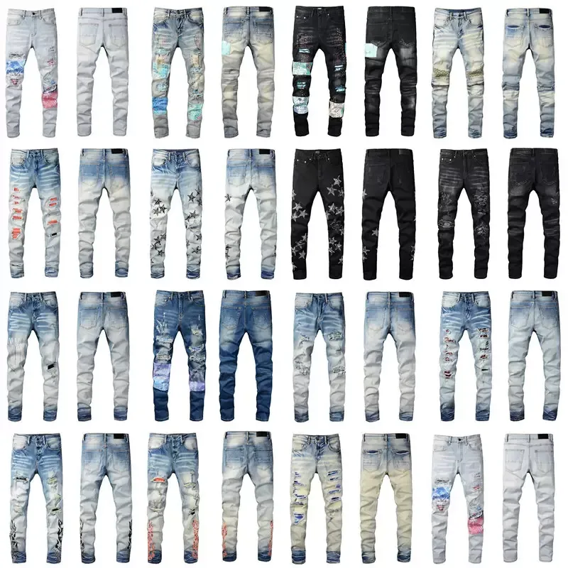 Fashion Men's Jeans Hole Straight Hip Hop Slim Fit Stretch Jeans Mens Casual Motorcycle Men's Stretch Denim Trousers