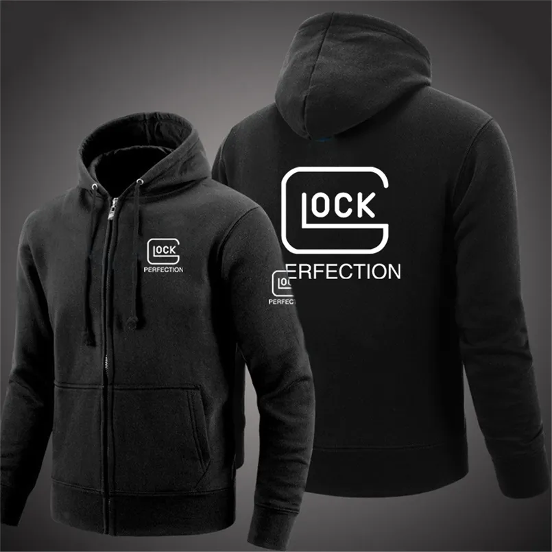 Glock Perfection Shooting Hooded Long Sleeve Men 재킷 드로우 스트링 지퍼 클로저 단색 캐주얼 스웨트 셔츠 의류 220809