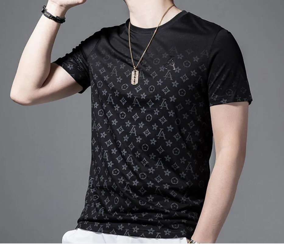 新しいEd Ummer Slim Half-Sleeve Printing Hot Drill Personality Trendy Ins Round Neck Men'sTシャツブラック