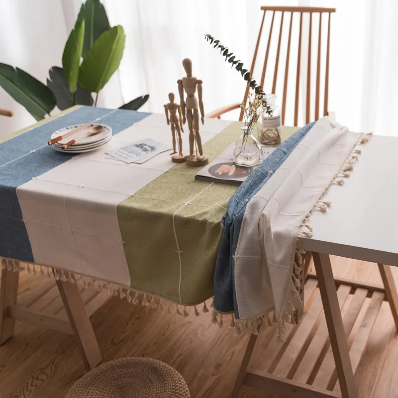 Japan stil bordduk vanlig ränder bordsduk Anti-scalding soffbordskåpa med tofsar dekoration rektangulär form