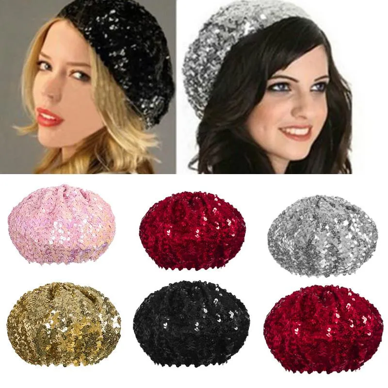 Berets vrouwen mode pailletten glanzende hoeden feest dans disco caps dames herfst winter beanie hatsberets