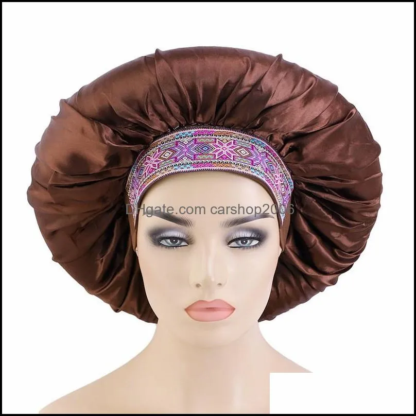 large size ethnic style embroidered satin night sleep cap soft women elastic band hair care hats smooth beauty bonnet