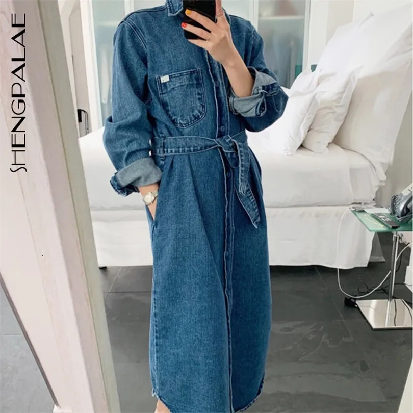 SHENGPALAE 2020 New Fashion Autumn Long Fund Lapel Single Breasted With Belt Demin Trench Coat Women Loose Windbreaker FV257 T200805