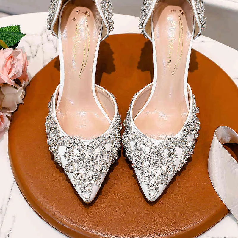 European and American white high heels fashion dress women`s shoes wedding high heels hollow pointed rhinestone chain sandals W220323