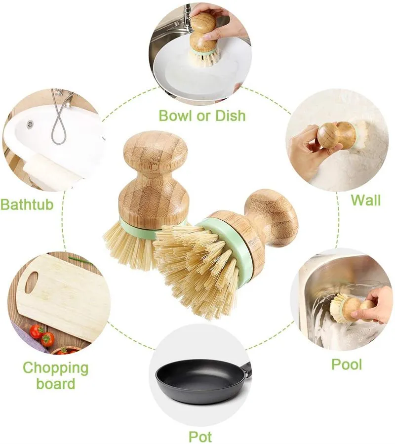 Bamboo Wood Round Mini Palm Scrub Brush Stiff Bristles Wet Cleaning Wash Dishes Pots Pans Vegetables Brushes