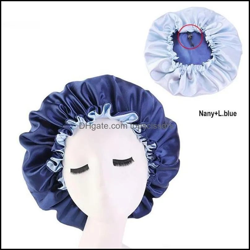 Accessori per capelli Strumenti Prodotti Solid Women Satin Big Bonnet For Lady Sleep Cap Headwrap Hat Wrap con bottone regolabile 10Pcs Drop Delive