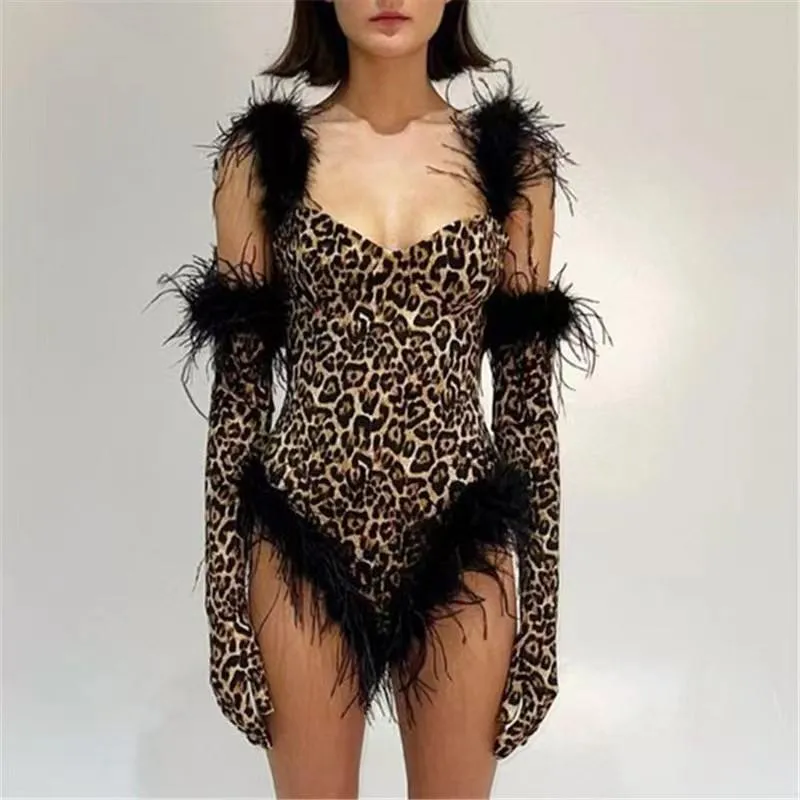 Abbigliamento da palcoscenico Abbigliamento da esibizione femminile Gogo Dance Team DJ Sexy Tuta leopardata Guanti di piume pelose Abiti rave Bar Pole CostumeStage