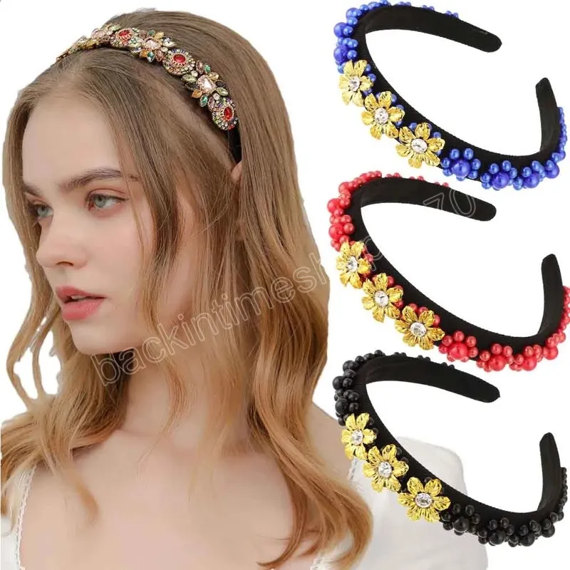 Retro Rhinestone Hairbands Hair Hoop szeroka imitacja Perły Pasmowe opaski na opaskę włosów Kobiety modne akcesoria