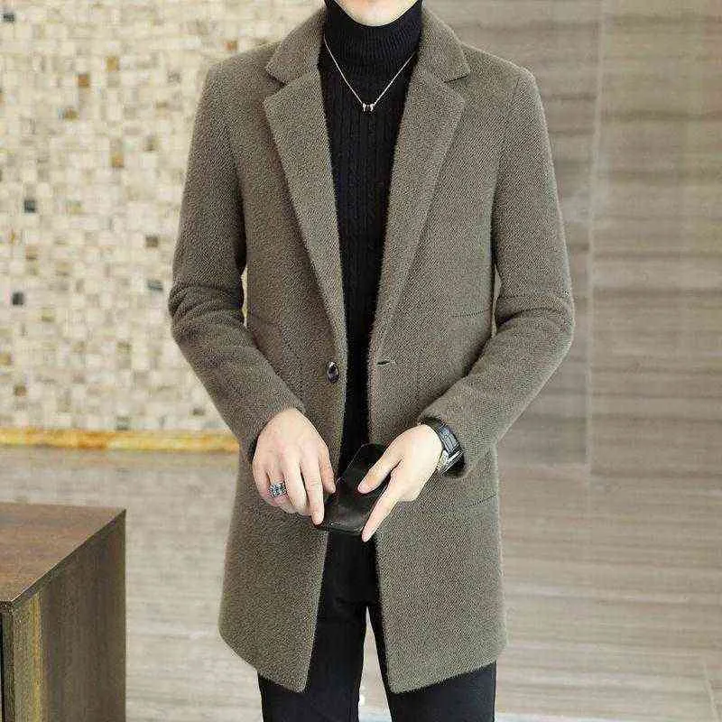 Herr ull blandar ullrock i mellanlängd koreansk stil smal mode guld mink kostym vinterjacka T220810