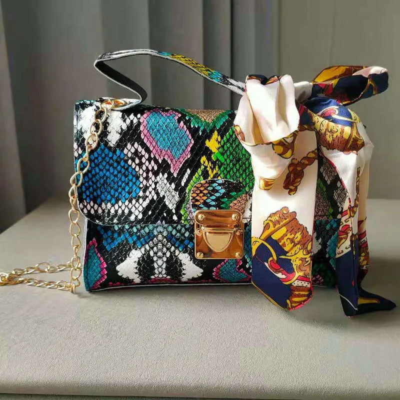 Retro slangenhuid prints crossbody tas voor dames mode serpentine sjaal ketting schoudertas mini vierkante tas met tophandvat