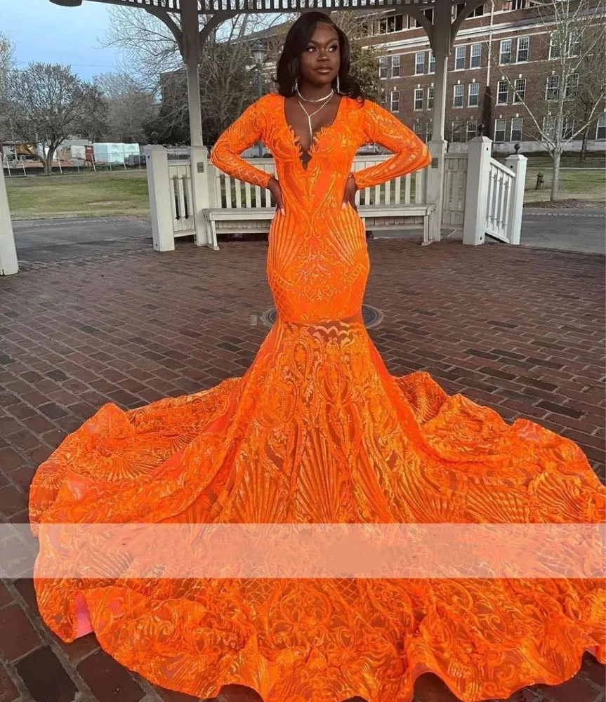 Whimsical Dark Green and Orange Sequin Feather Prom Dress - Lunss