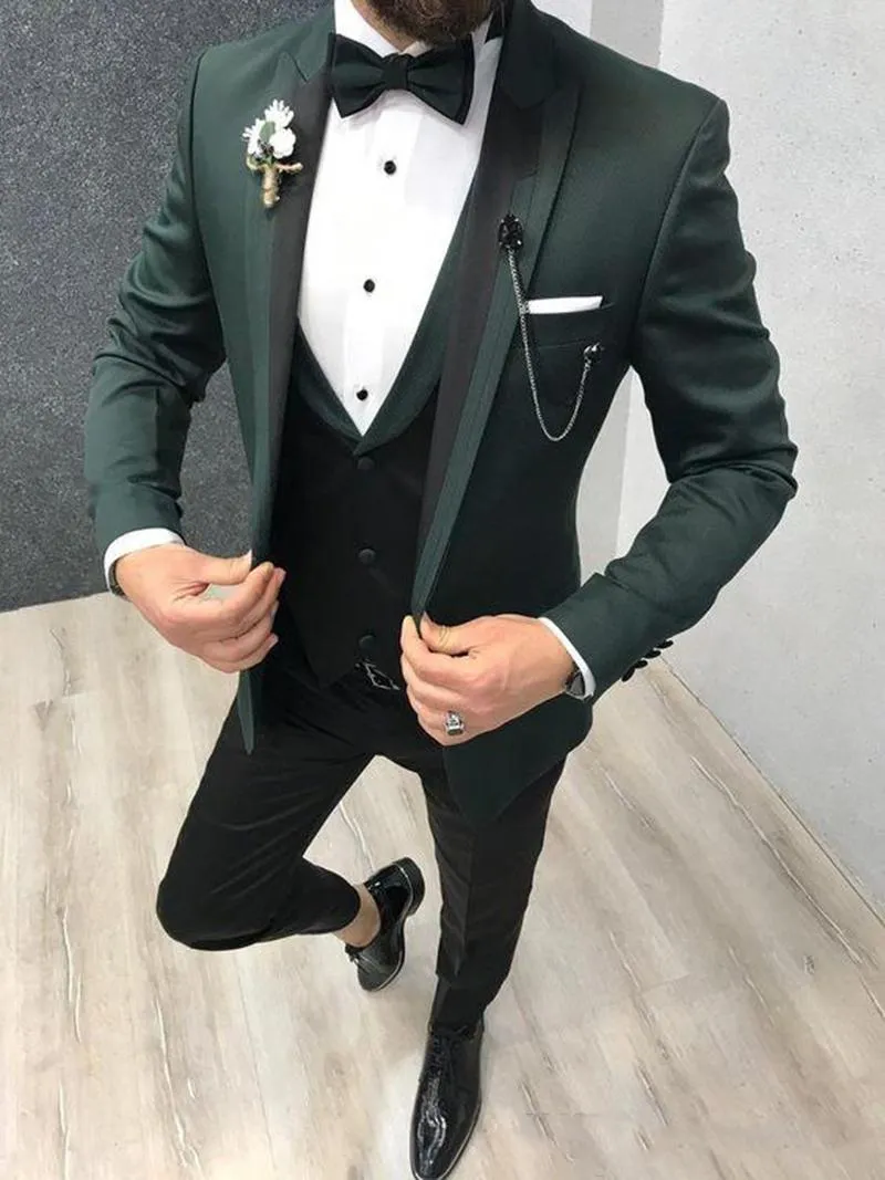 Erkekler Suits Blazers Son Tasarımlar İnce Fit Şişe Yeşil Erkekler için 3 Parça Set Damat Düğün Takım Resmi Zarif Blazer Set Ceket Pantolon