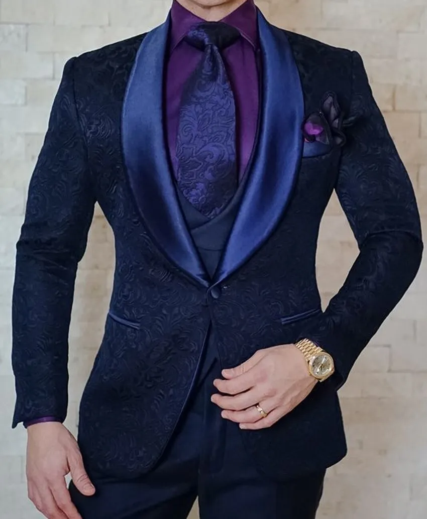 Marineblauwe vlinder Jacquard Groom Tuxedos in reliëf driedimensionaal patroon heren blazer trouwjurk prom kleding multi-colour optioneel