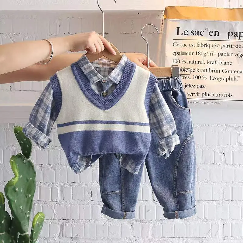 Primavera outono crianças meninos 3 pçs conjunto de roupas camisola colete algodão xadrez camisas calças jeans bebê meninos roupas terno