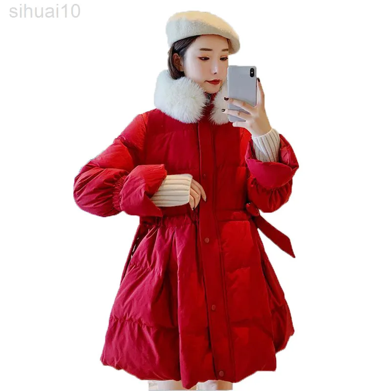 NIEUWE DOWN KATTE KRAAG Winter Koreaanse versie Casual Parkas Wit rood zwart losse mode Slim dikke warme katoenen jas L220730