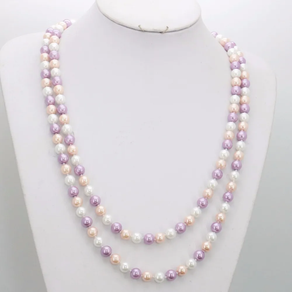 Collana da sposa classica annodata a mano da 8 mm, bianco, rosa, viola, conchiglia, perle, gioielli alla moda da 50 pollici