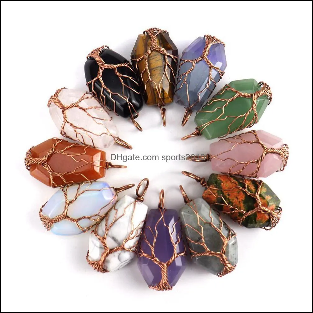 natural stone crystal lucky charms necklaces tree of life wire wrap pendant amethyst tiger eye rose quartz wholesale jewelry for women