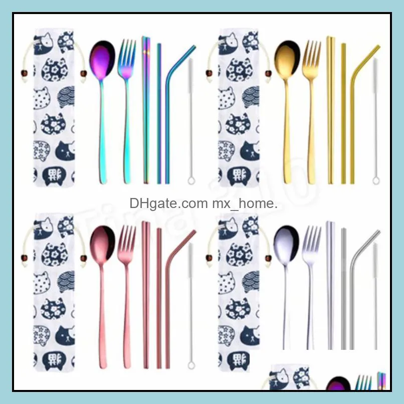 hot 7 Pieces Portable Dinnerware Straw Set Korean Cutlery Set Stainless Steel Tableware Set Kitchen Tools With Cloth bag