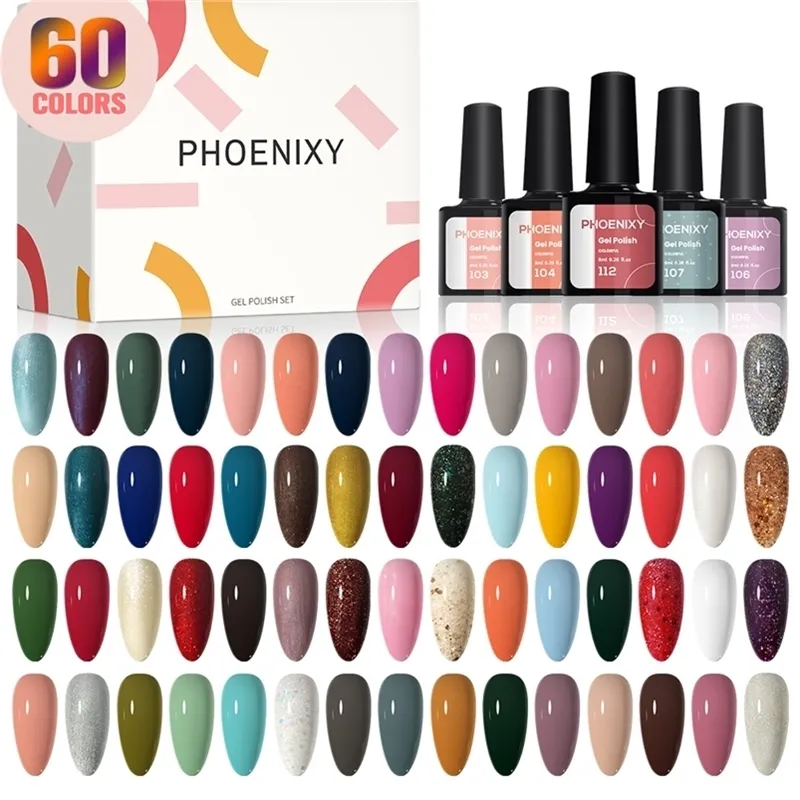 Phoenixy 60 шт. Набор блестящих полуперманентных гибридных лаков Soak Off UV LED Art Gel Polish Маникюрные ногти 220613