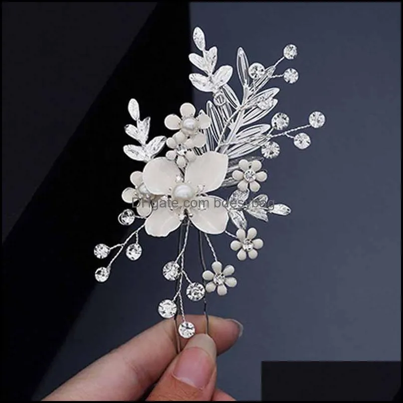 acrddk imitation pearls flower hair clip silver color alloy leaf hairpin bridal wedding hair jewelry accessories headpeice