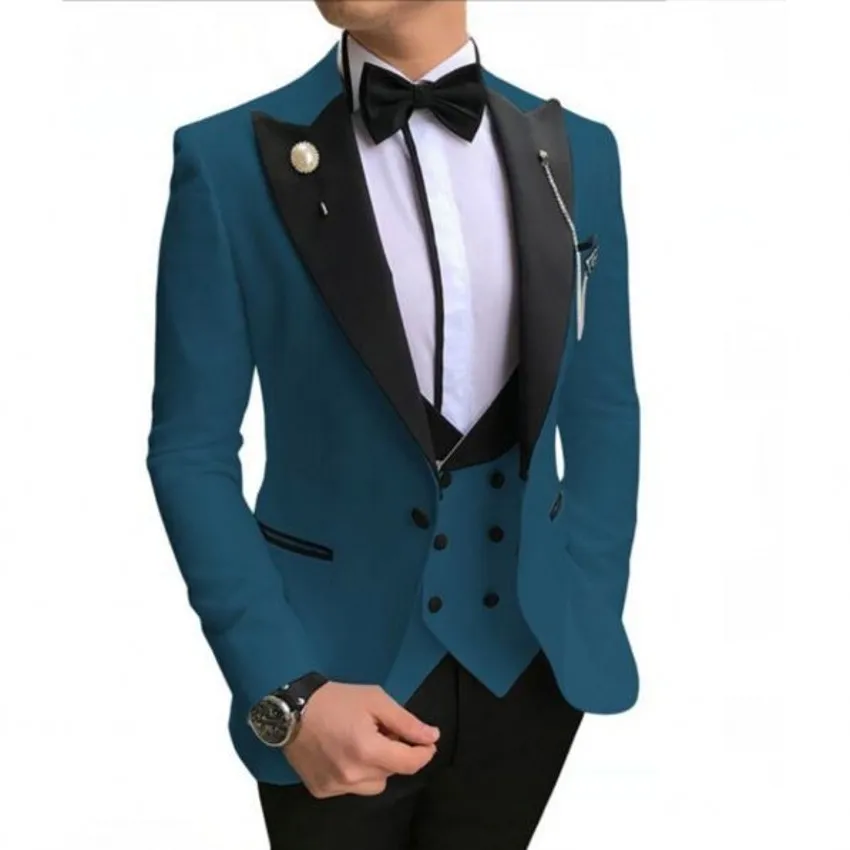 Novo noivo azul smokings preto pico de lapela lapelsmen mass vestido de noiva estilo homem jaqueta blazer de 3 peças calças coletes gravata 885