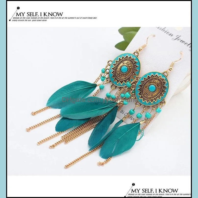 feather dangle earrings for women vintage tassel long bohemia ethnic customs earrings fashion jewelry accessories wholesale - 0787wh